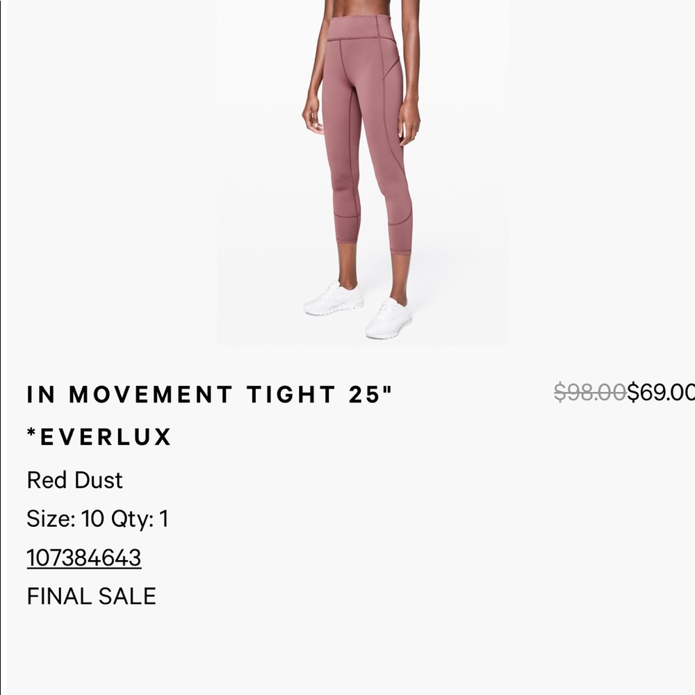 Lululemon In Movement leggings, size 10